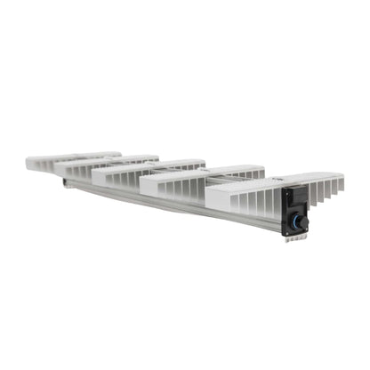 Angled view of SANlight EVO 5-150 full spectrum LED grow light, slim linear design with advanced heat dissipation for indoor cultivation.