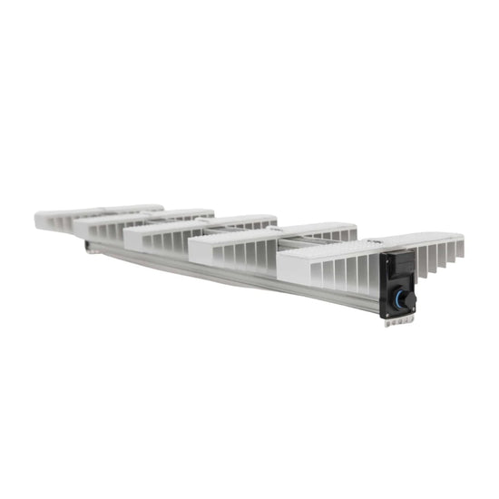 Angled view of SANlight EVO 5-150 full spectrum LED grow light, slim linear design with advanced heat dissipation for indoor cultivation.