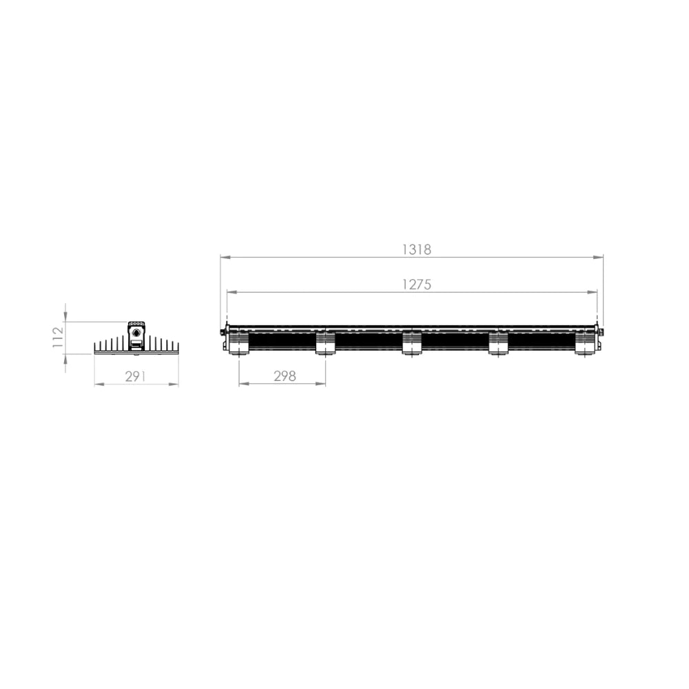 Technical dimension drawing of SANlight EVO Series 1.5 5-150 LED grow light, showing 1318mm length and aluminium heat sink profile.