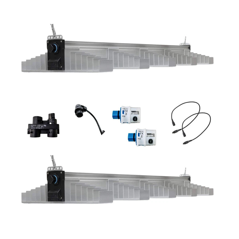 SANlight EVO 5-150 Dual Light Kit with two full spectrum LED grow lights, dimmers, cables and mounting accessories for indoor plant growing.