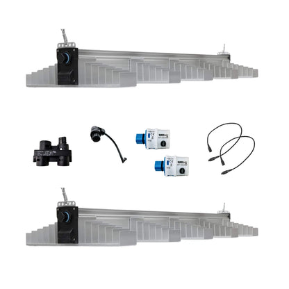 SANlight EVO 5-150 Dual Light Kit with two full spectrum LED grow lights, dimmers, cables and mounting accessories for indoor plant growing.