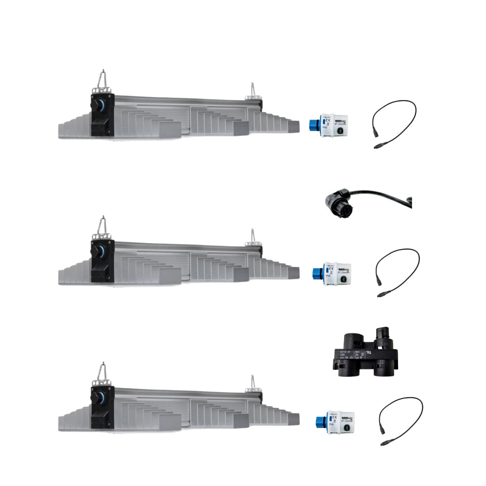SANlight EVO 1.5 3-80 Trio LED grow light kit with three full spectrum hydroponic grow lights, dimmer control, cables and connectors for indoor plant grow tent setup