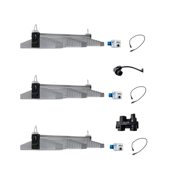 SANlight EVO 1.5 3-80 Trio LED grow light kit with three full spectrum hydroponic grow lights, dimmer control, cables and connectors for indoor plant grow tent setup