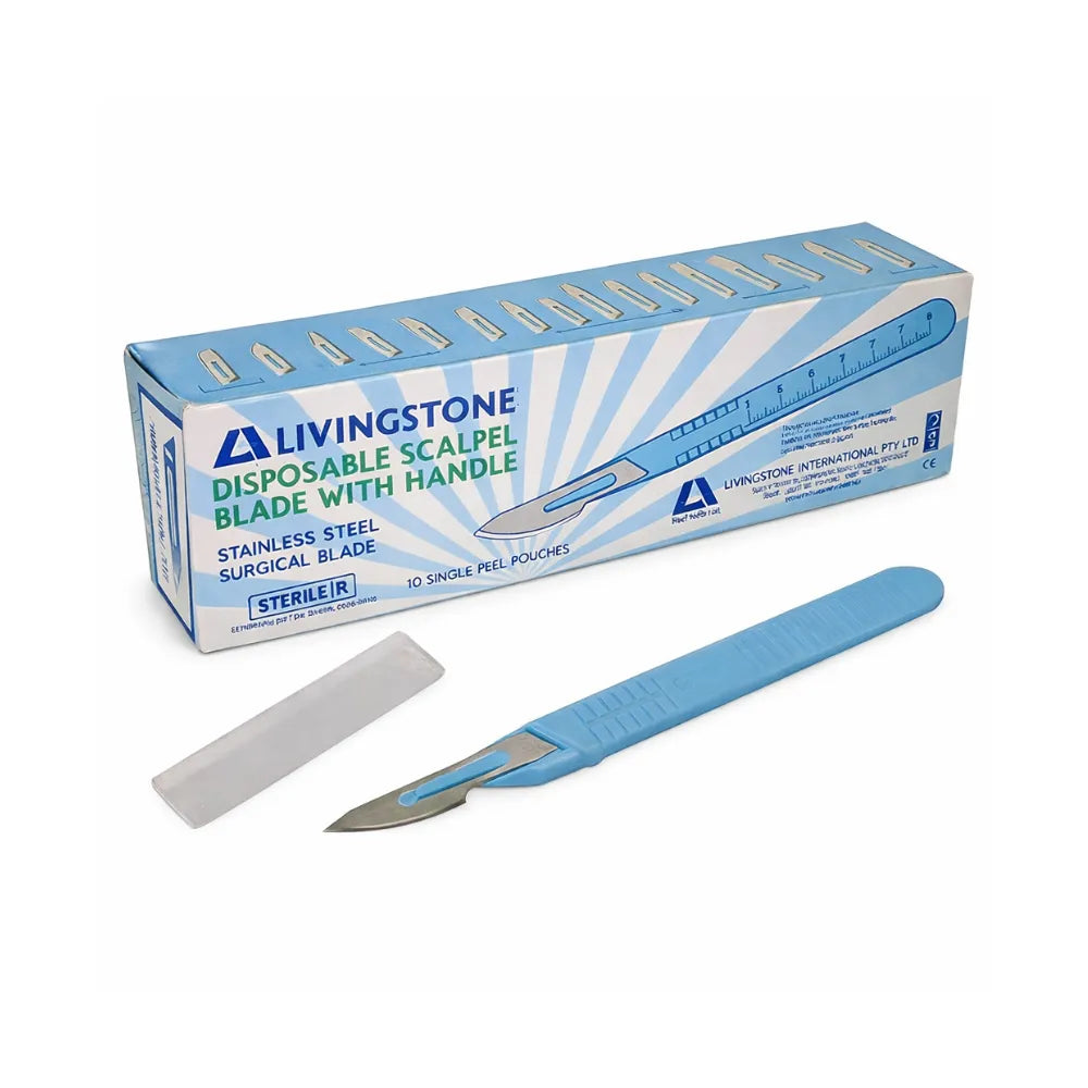 Medical grade disposable scalpel size 22 with stainless steel surgical blade and plastic handle, sterile precision cutting tool for grafting, horticulture and laboratory use.