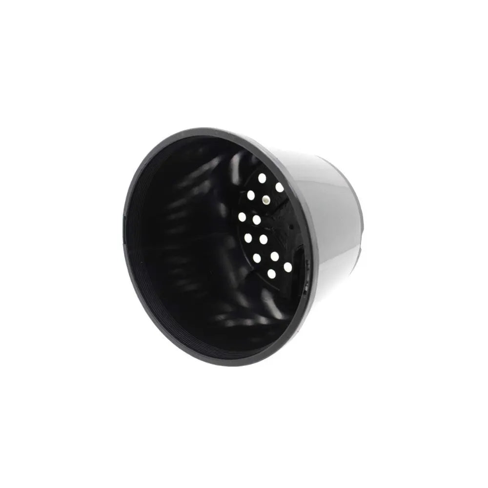 Black plastic hydroponic net pot with drainage holes, durable grow cup for improved root aeration in hydroponic systems