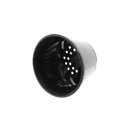 Black plastic hydroponic net pot with drainage holes, durable grow cup for improved root aeration in hydroponic systems