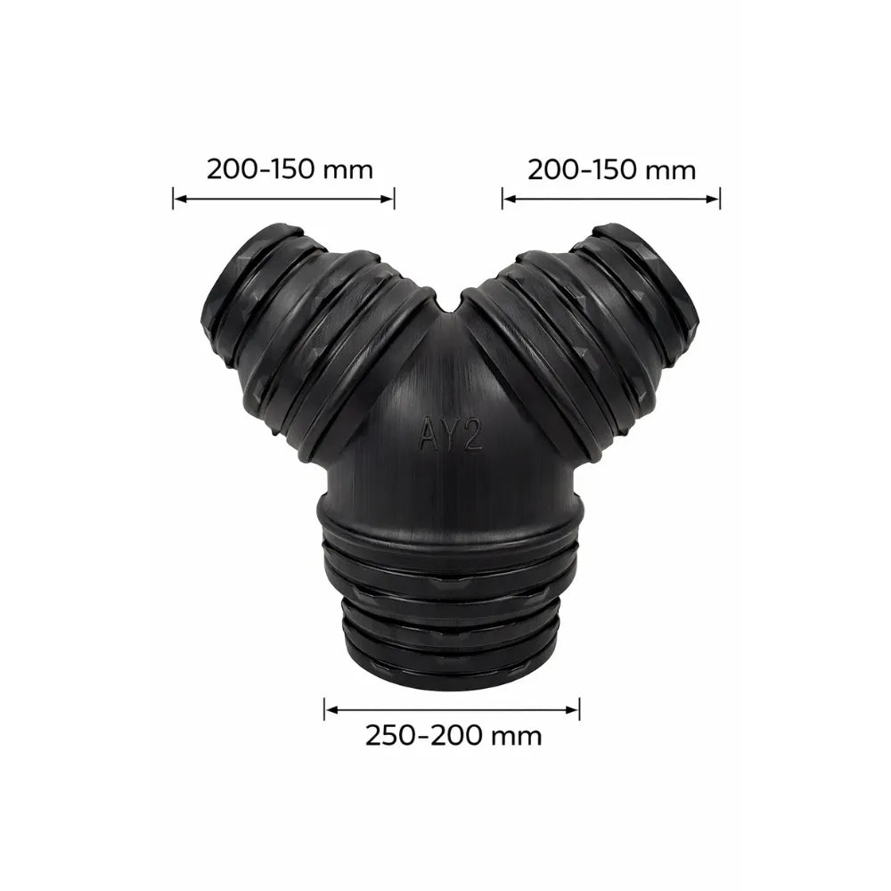 Black stepped Y duct splitter for hydroponic ventilation systems, 250–200 mm base and twin 200–150 mm outlets for grow tent exhaust fans and ducting