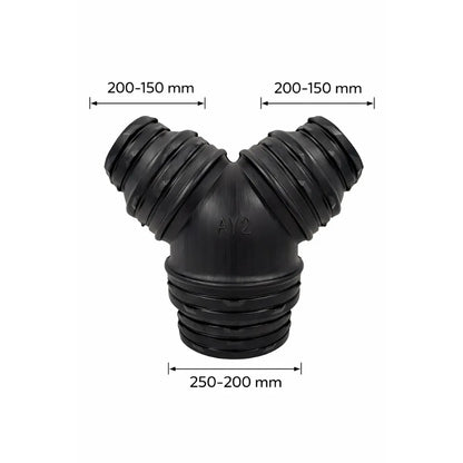 Black stepped Y duct splitter for hydroponic ventilation systems, 250–200 mm base and twin 200–150 mm outlets for grow tent exhaust fans and ducting