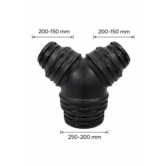Black stepped Y duct splitter for hydroponic ventilation systems, 250–200 mm base and twin 200–150 mm outlets for grow tent exhaust fans and ducting