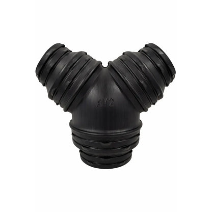 Stepped Y ventilation duct joiner for hydroponic grow rooms, 250–200 mm main outlet with dual 200–150 mm branches for inline fan and flexible ducting