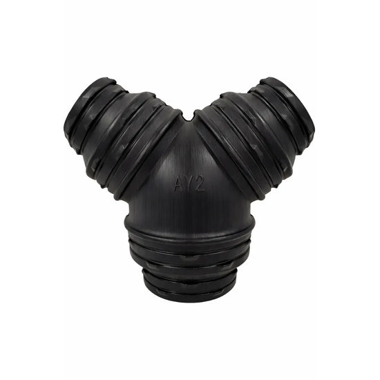 Stepped Y ventilation duct joiner for hydroponic grow rooms, 250–200 mm main outlet with dual 200–150 mm branches for inline fan and flexible ducting