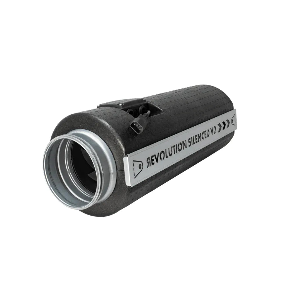 REVOLUTION Silenced V2 EC Vector 200mm inline fan for hydroponic grow room ventilation.