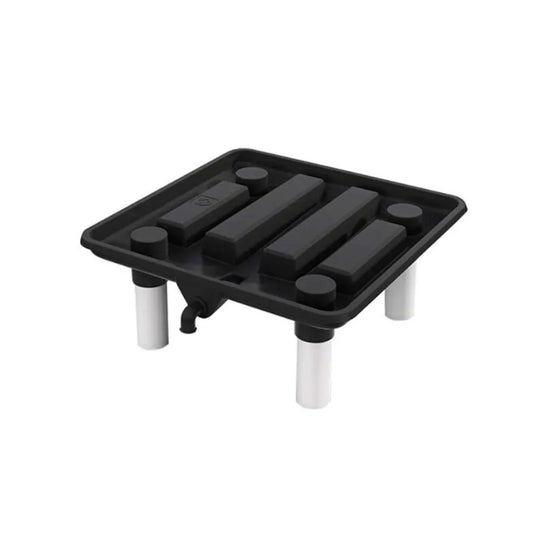 Assembled black run-off tray with white PVC legs and drainage spout, perfect hydroponic runoff solution for grow systems