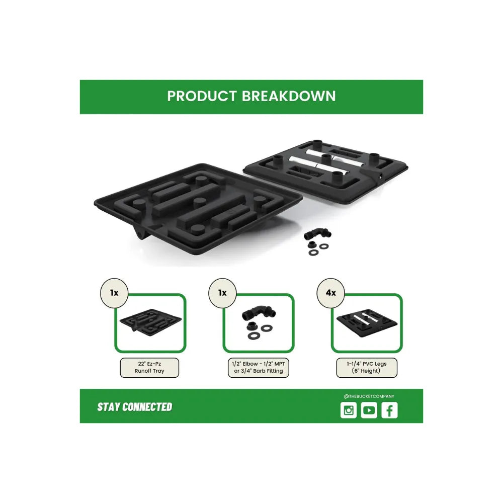 Product breakdown of 22 inch Ez-Pz run-off tray kit showing tray, elbow fitting and PVC legs for efficient drainage setup