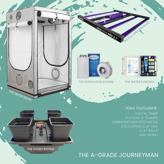 Complete indoor grow tent kit with LED grow light, ventilation system, hydroponic setup and water control – A-Grade Journeyman system.