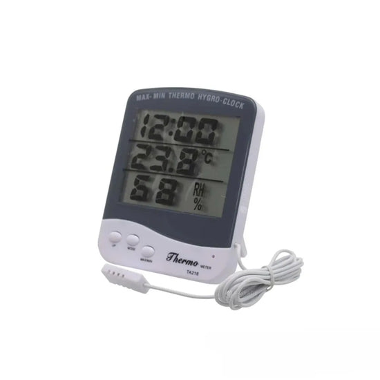 Digital thermo hygrometer with LCD display showing temperature and humidity, indoor thermometer with external probe for grow rooms, greenhouses and plant environments.