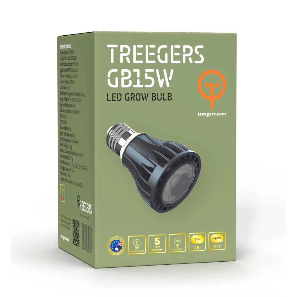 Treegers GB15W LED grow bulb retail packaging showing compact full-spectrum indoor plant grow light with E27 base