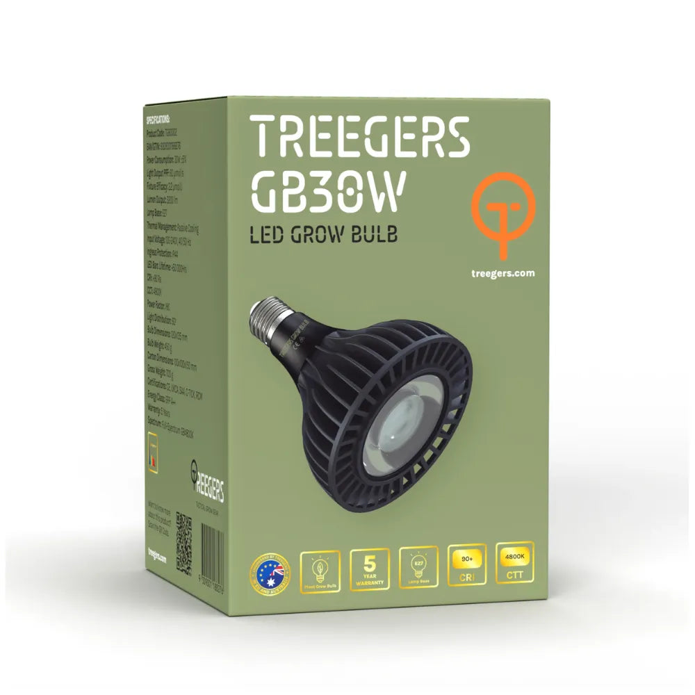 Treegers GB30W LED grow bulb retail packaging showing full-spectrum indoor plant grow light with E27 base