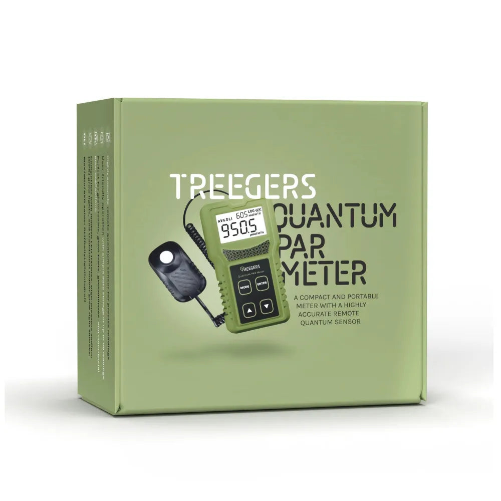 Treegers Quantum PAR meter retail packaging showing portable PPFD light meter with remote quantum sensor