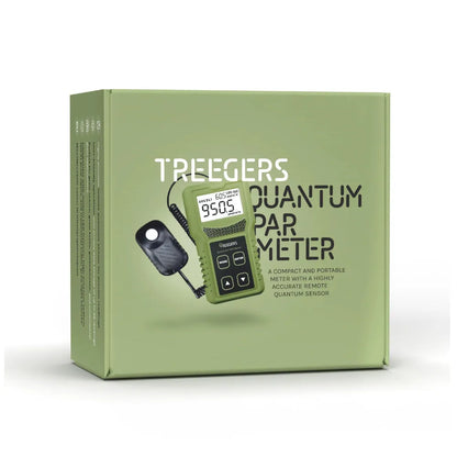Treegers Quantum PAR meter retail packaging showing portable PPFD light meter with remote quantum sensor