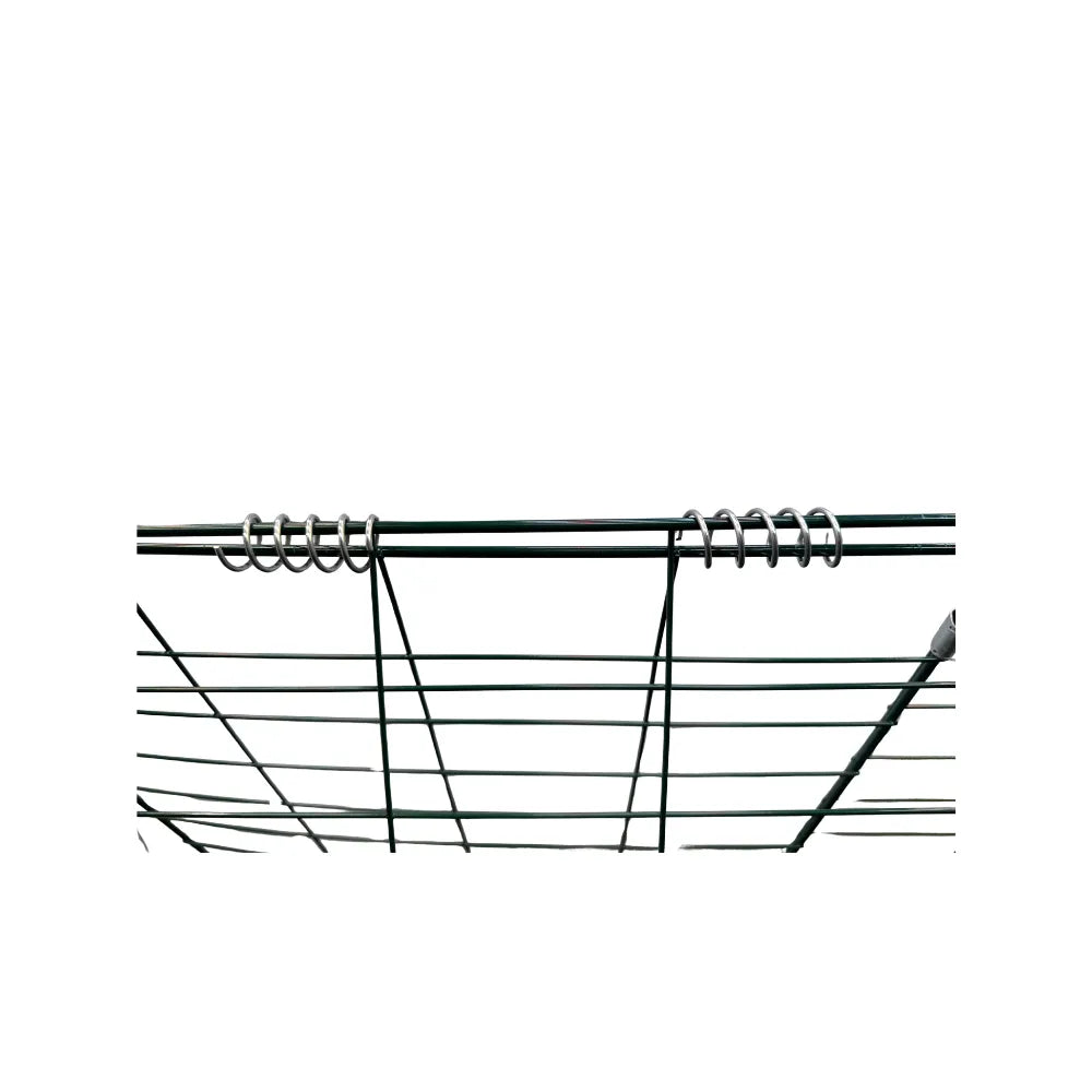 Close-up of hinged steel garden trellis with reinforced rings, durable metal plant support frame for raised garden beds and grow rooms.