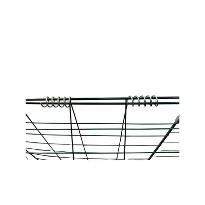 Close-up of hinged steel garden trellis with reinforced rings, durable metal plant support frame for raised garden beds and grow rooms.