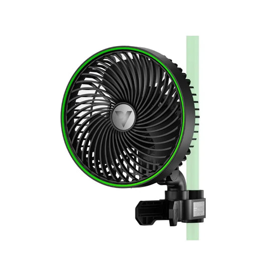 VIVOSUN AeroWave E6 Gen2 clip fan attached to a tent pole, angled view, for grow tent ventilation