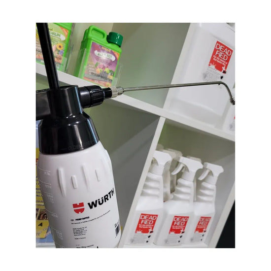 Close-up of WURTH 360° pump spray bottle with metal extension lance for targeted hydroponic spraying and plant treatment.