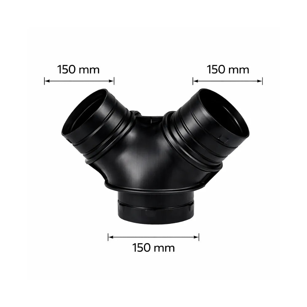 Black 150 mm Y ventilation duct connector for hydroponic grow rooms, splitter fitting for exhaust fans and flexible air ducting