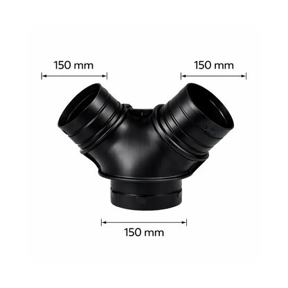 Black 150 mm Y ventilation duct connector for hydroponic grow rooms, splitter fitting for exhaust fans and flexible air ducting