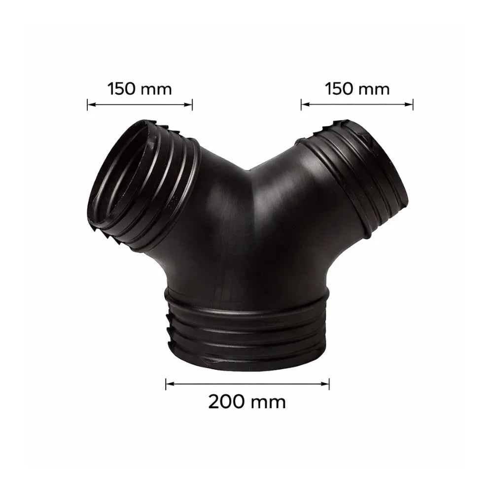 Black Y-piece ventilation duct connector for hydroponic grow room exhaust systems, ribbed ends for flexible ducting with 150 mm branches and 200 mm base outlet