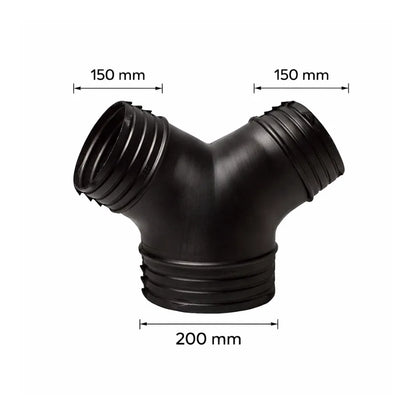 Black Y-piece ventilation duct connector for hydroponic grow room exhaust systems, ribbed ends for flexible ducting with 150 mm branches and 200 mm base outlet