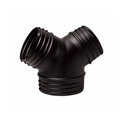 Black plastic Y duct splitter for hydroponic ventilation systems, ribbed connector fitting for inline fans and flexible grow tent ducting