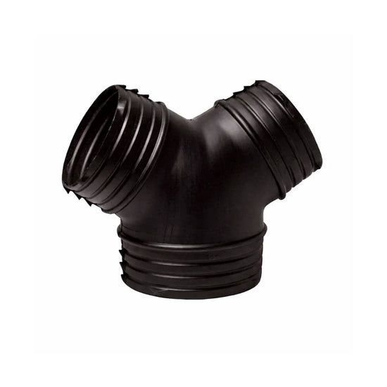Black plastic Y duct splitter for hydroponic ventilation systems, ribbed connector fitting for inline fans and flexible grow tent ducting