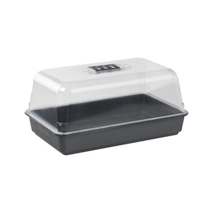 Seedling propagation tray with clear plastic humidity dome, black base and adjustable vent for indoor plant germination and cloning.